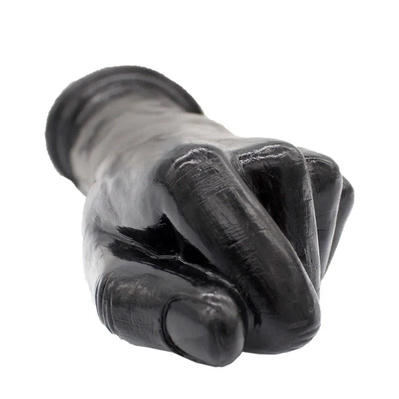 Dildo punho preto de PVC com dedos e nós realistas vistos de perto