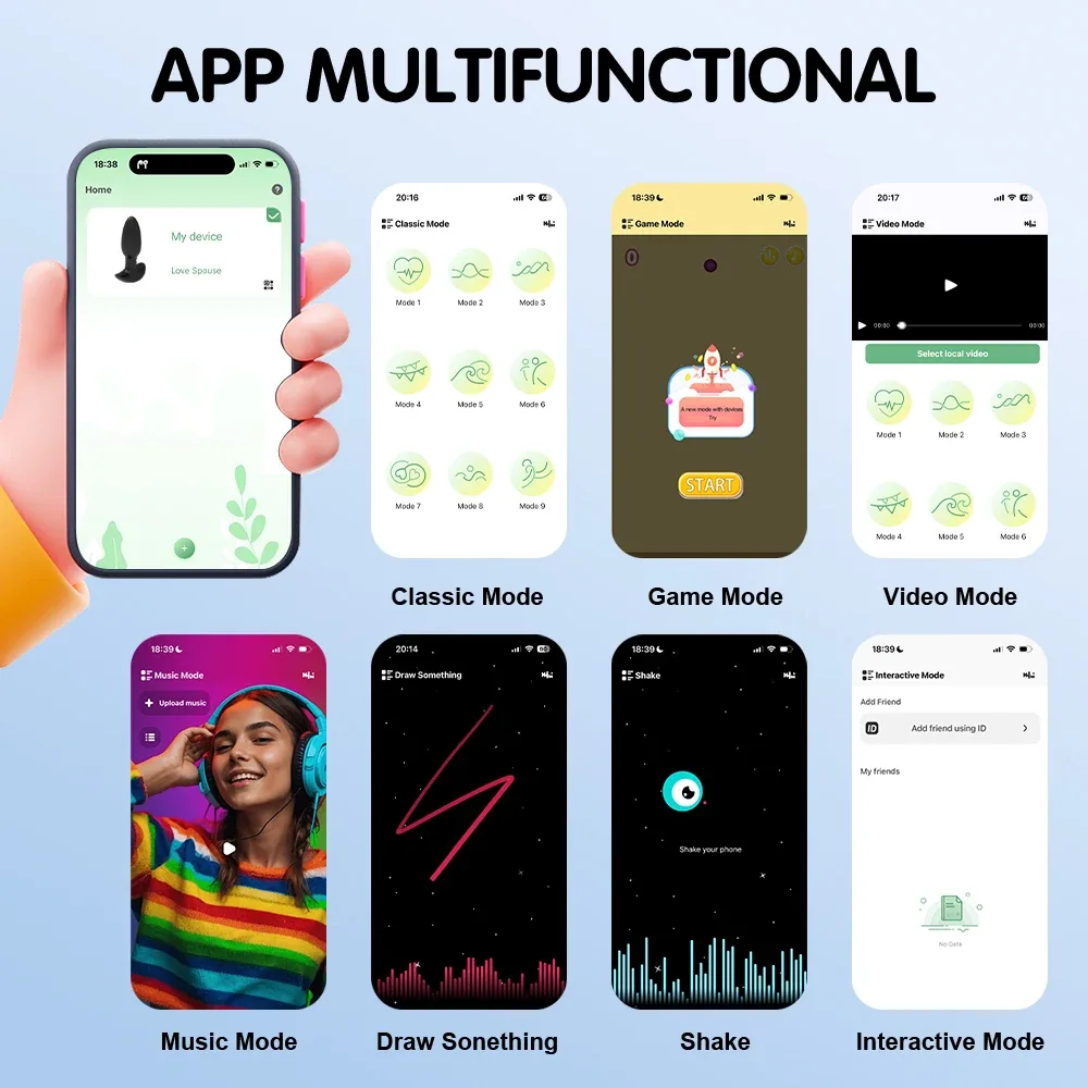 Modos do aplicativo do plug anal: clássico, jogo, vídeo, música, desenho e chacoalhar