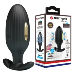 Plug anal vibrador de próstata Pretty Love Jefferson em silicone preto ao lado da embalagem