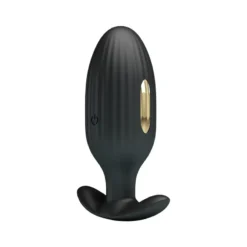 Plug anal de silicone preto estriado com eletrodo dourado e base de âncora