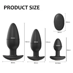 Medidas do plug anal vibratório S 85 mm, M 120 mm e L 130 mm e do controle
