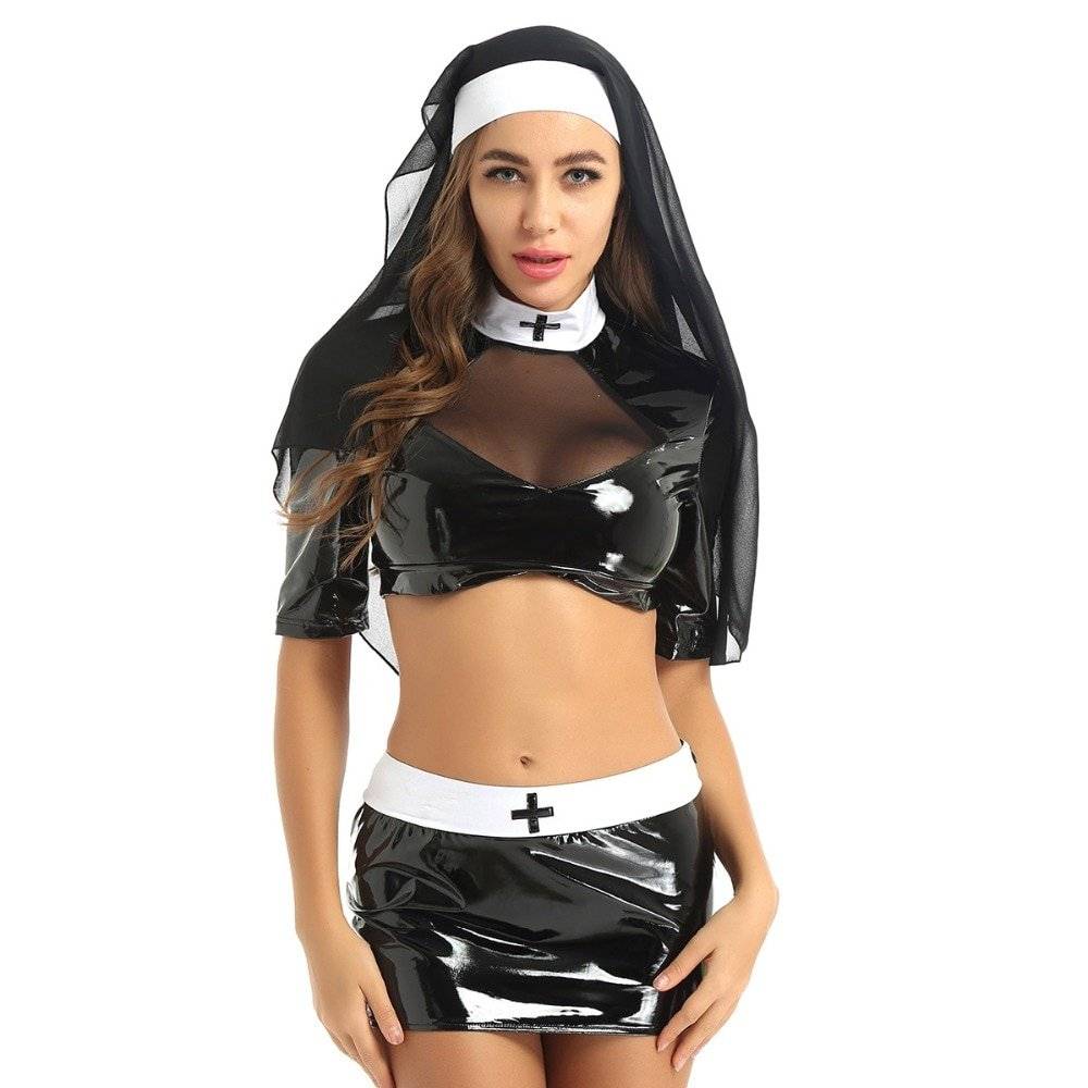 Mulheres adultos impertinente freira traje de halloween roleplay femme fantasia cosplay festa clubwear topo com mini bodycon saia headpiece
