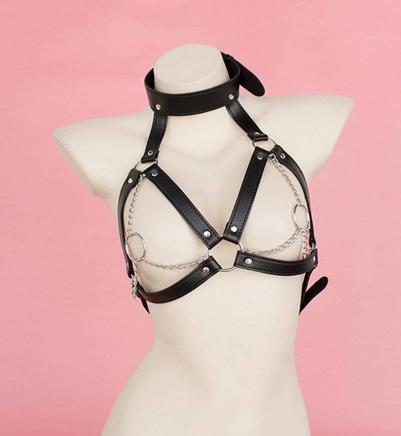 Lingerie de corrente de couro feminino, busto aberto cinto de corpo sutiã de corda de peito, sexy clubwear feminino, cinta de restrições de bondage bdsm