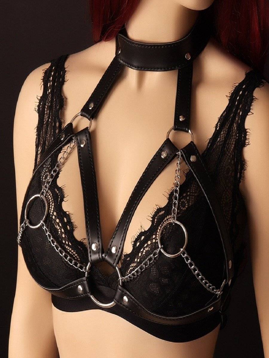 Lingerie de corrente de couro feminino, busto aberto cinto de corpo sutiã de corda de peito, sexy clubwear feminino, cinta de restrições de bondage bdsm