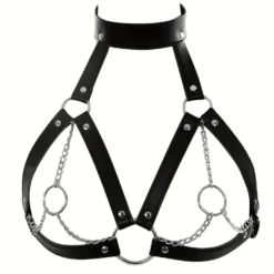 Harness de couro para busto com argolas e correntes de metal