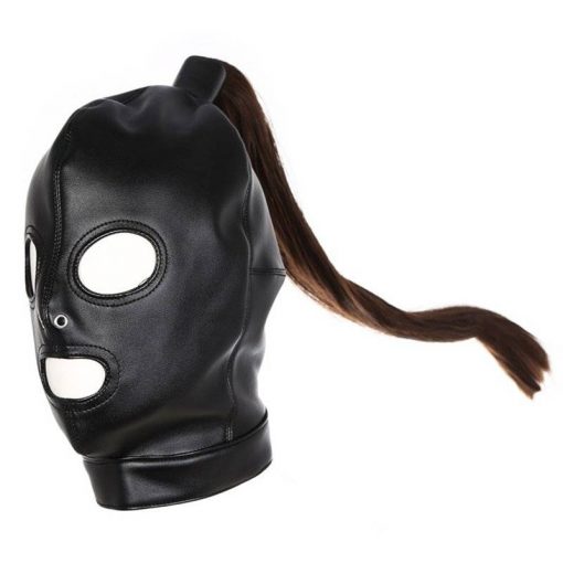 Mascara de Couro com Cabelo Falso Pony Tail Slave Hood BDSM Bondage Máscara Jogos Adultos