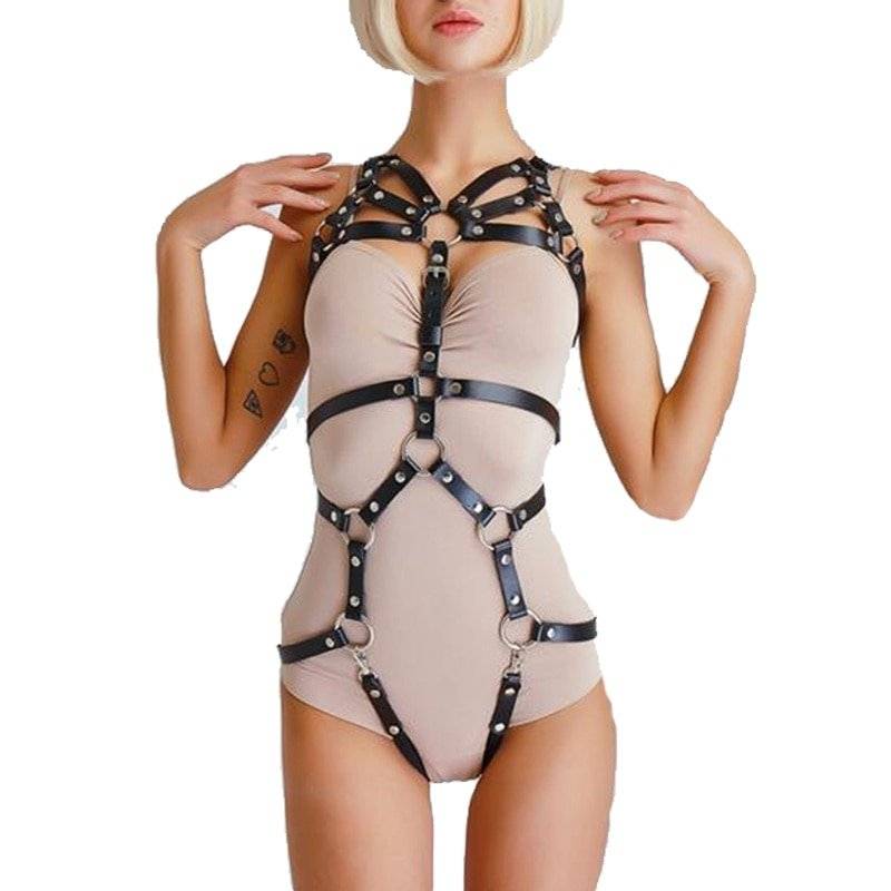 Moda sexy corpo inteiro arnês bondage lingerie feminina punk couro arnês sutiã goth cheast correias suspensórios cinto roupas