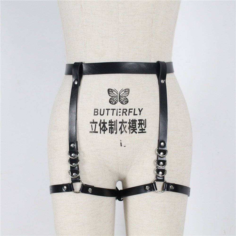 Arnês feminino sutiã corpo bondage bdsm trajes eróticos lingerie sexy conjunto 2 pçs banda cintura para perna garter cinto goth