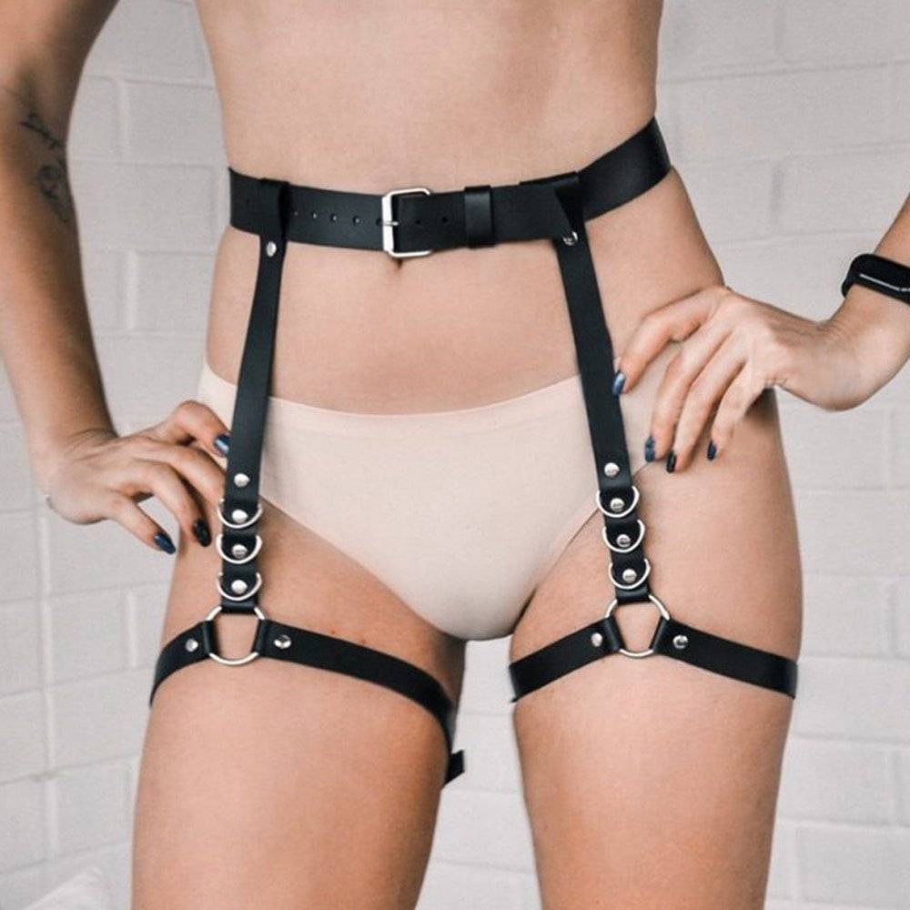 Arnês feminino sutiã corpo bondage bdsm trajes eróticos lingerie sexy conjunto 2 pçs banda cintura para perna garter cinto goth