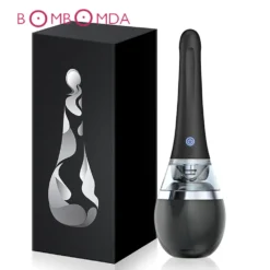 Limpador elétrico anal preto em forma de gota ao lado da caixa