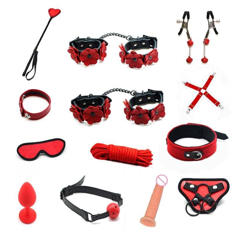 SM 13 Peças Kit Algemas Bondage BDSM Black Red Plug Grampos Mordaça Corda & Strapon