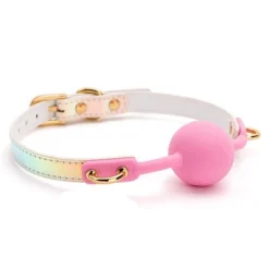 Ball gag com bola rosa de silicone e tira holográfica