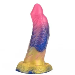 Consolo de fantasia escamado em degradê rosa, roxo e azul, com base amarela em ventosa