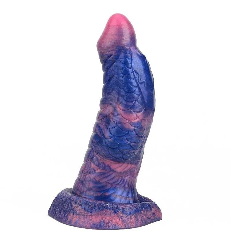 Consolo de fantasia escamado em degradê rosa, roxo e azul, com base azul em ventosa