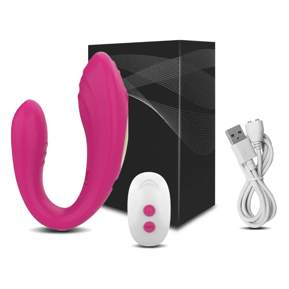 Vibrador U duplo vermelho com controle remoto, cabo magnético e caixa