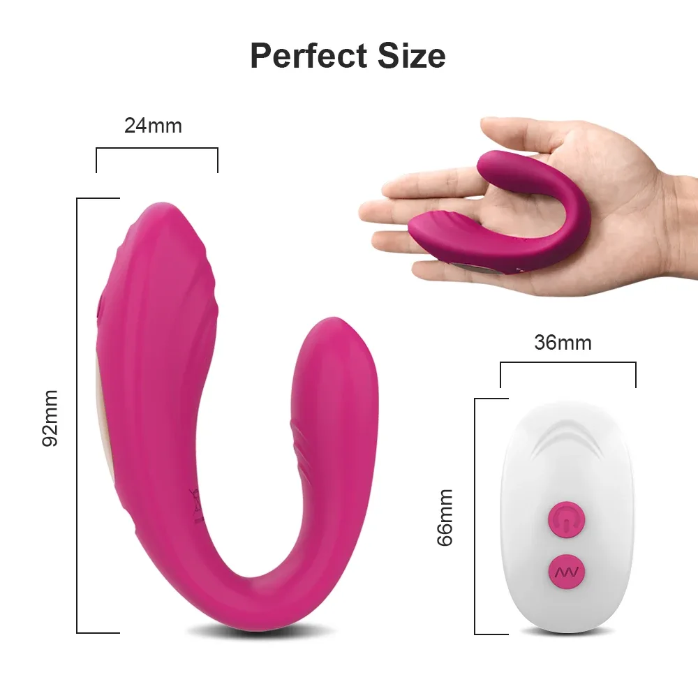 Medidas do vibrador U duplo: 9,2 cm de altura, 2,4 cm de largura e controle de 6,6 cm