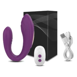 Vibrador U duplo roxo com controle remoto e caixa