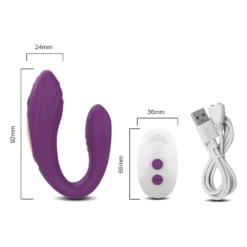 Vibrador U duplo roxo com controle remoto e cabo de recarga