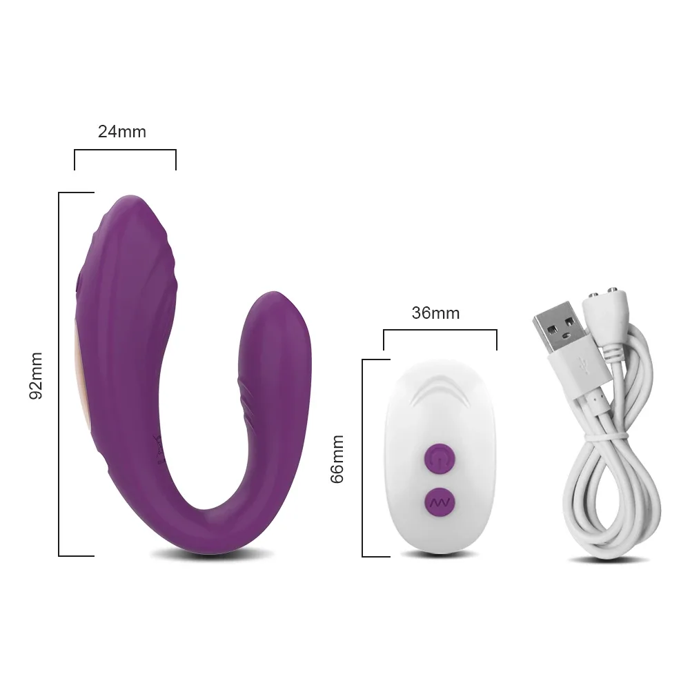 Vibrador U duplo roxo com controle remoto e cabo de recarga