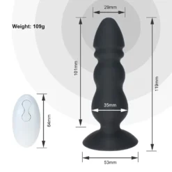 Medidas do plug anal vibrador: 11,9 cm total, 10,1 cm inseríveis, 3,5 cm de diâmetro e base de 5,3 cm