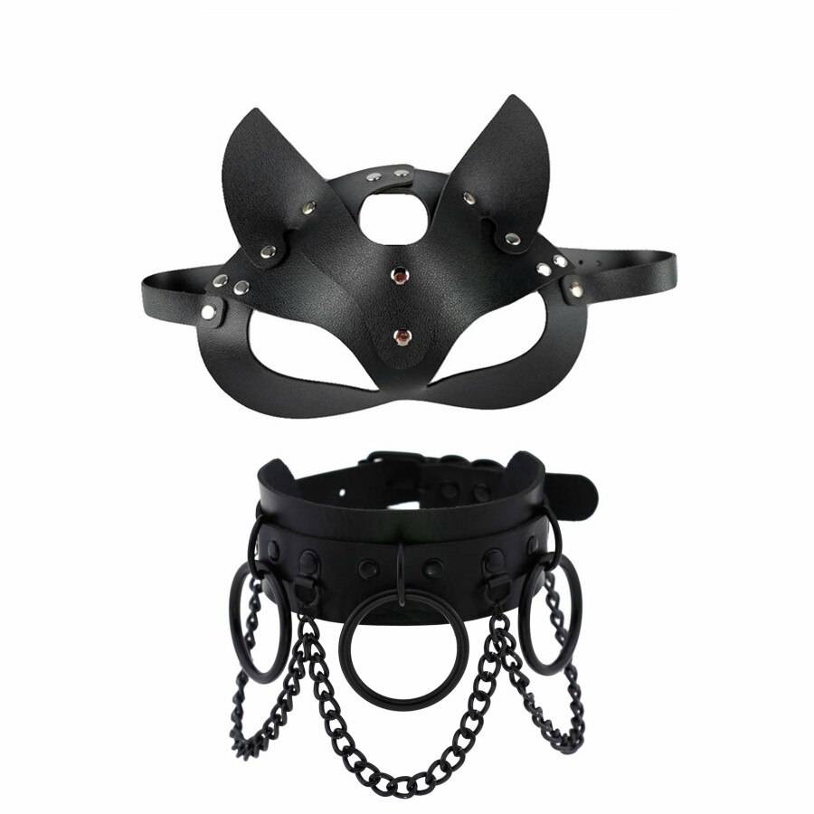 Acessórios eróticos das mulheres cosplay couro halloween masquerade preto olhos máscara brinquedos sexuais com fetiche sexy colar