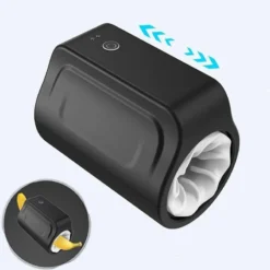 Copo masturbador duplo preto com rotação automática e canal branco de silicone