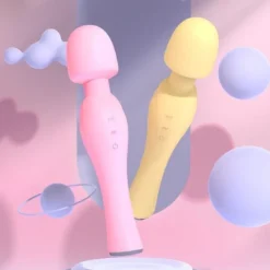 Vibrador DryWell Blossom wand nas cores rosa e amarelo