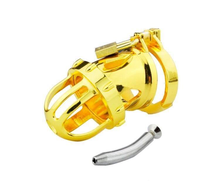 Mais recente design ouro kinger 24k chapeamento de ouro masculino pênis gaiola anel com cateter cinto de castidade dispositivo bdsm sexo brinquedos a198