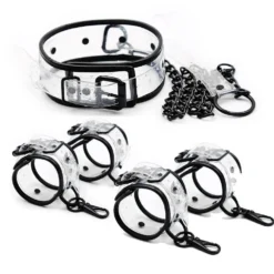 Kit bondage em PVC transparente com coleira, corrente, algemas e tornozeleiras