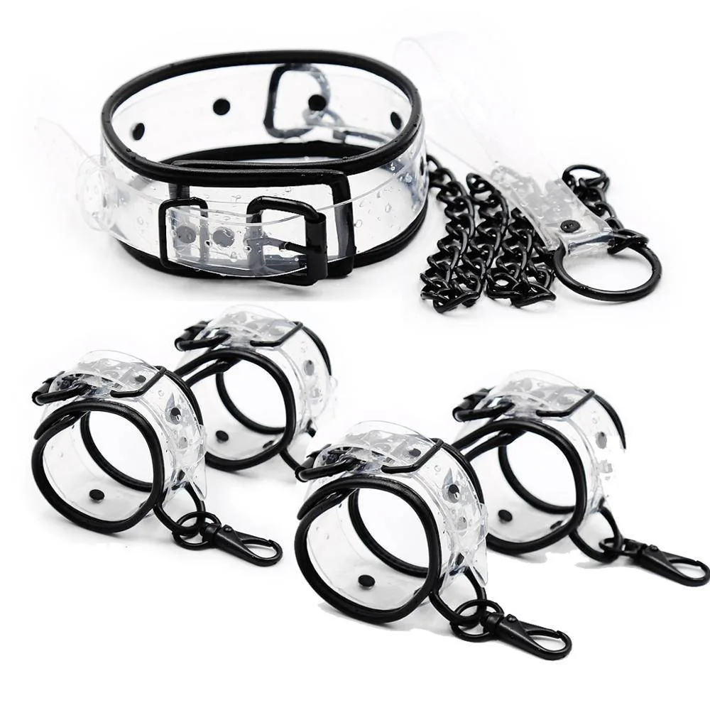 Kit bondage em PVC transparente com coleira, corrente, algemas e tornozeleiras