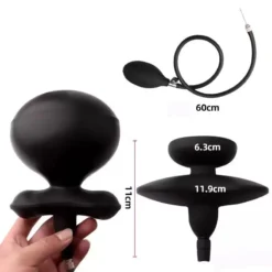 Medidas da mordaça inflável: 11 cm de altura, bola de 6,3 cm, aba de 11,9 cm e mangueira de 60 cm
