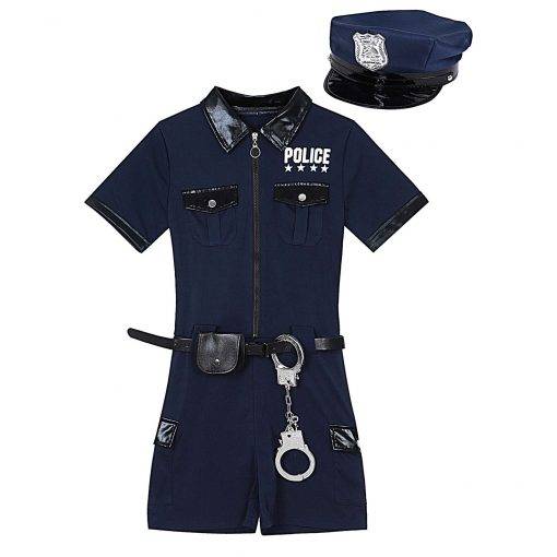 Uniforme de policía para mujer, disfraz de policía para Halloween, mono con cinturón, monedero, sombrero, puños Vestuário