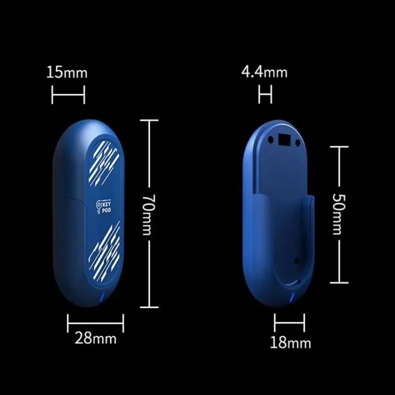 Medidas do Key Pod: 70 mm de altura, 28 mm de largura, 15 mm de espessura e gancho de 50 por 18 mm