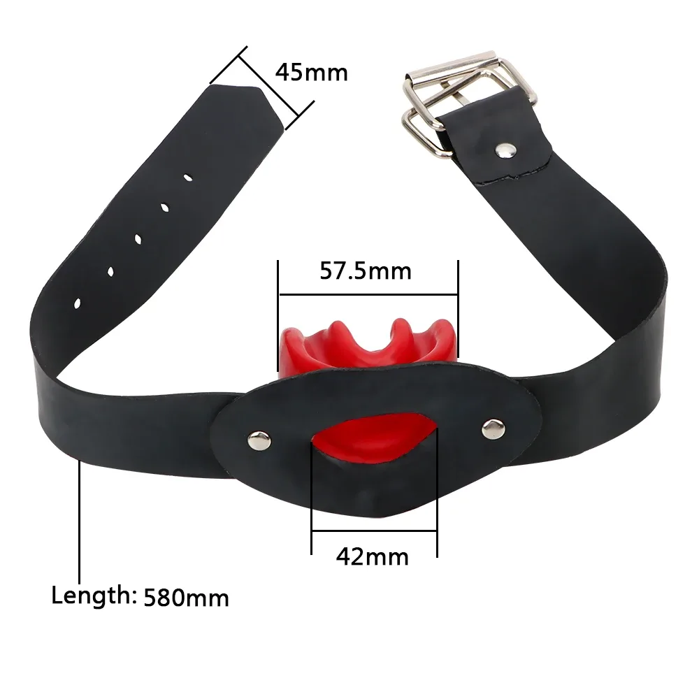 Medidas da mordaça de látex: cinta de 580 mm por 45 mm, dilatador de 57,5 mm e abertura de 42 mm