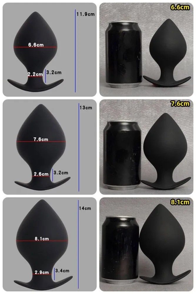 Os tamanhos 2XL, 3XL e 4XL do plug anal pêssego ao lado de uma lata, para comparar a escala