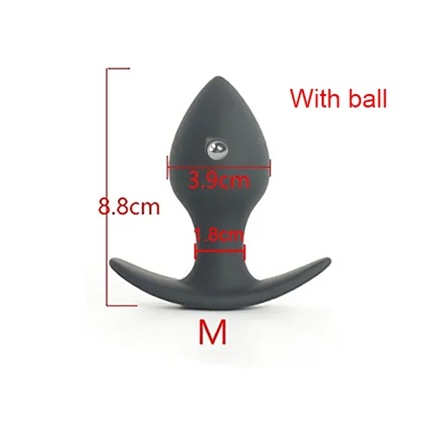 Plug anal pêssego tamanho M com bola de aço, com as medidas 3,9 cm e 8,8 cm marcadas