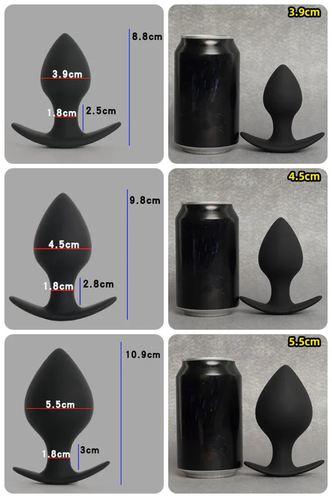Os tamanhos M, L e XL do plug anal pêssego ao lado de uma lata, para comparar a escala