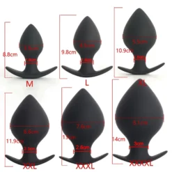 Tabela com os seis tamanhos do plug anal pêssego, de 3,9 cm a 8,1 cm de diâmetro