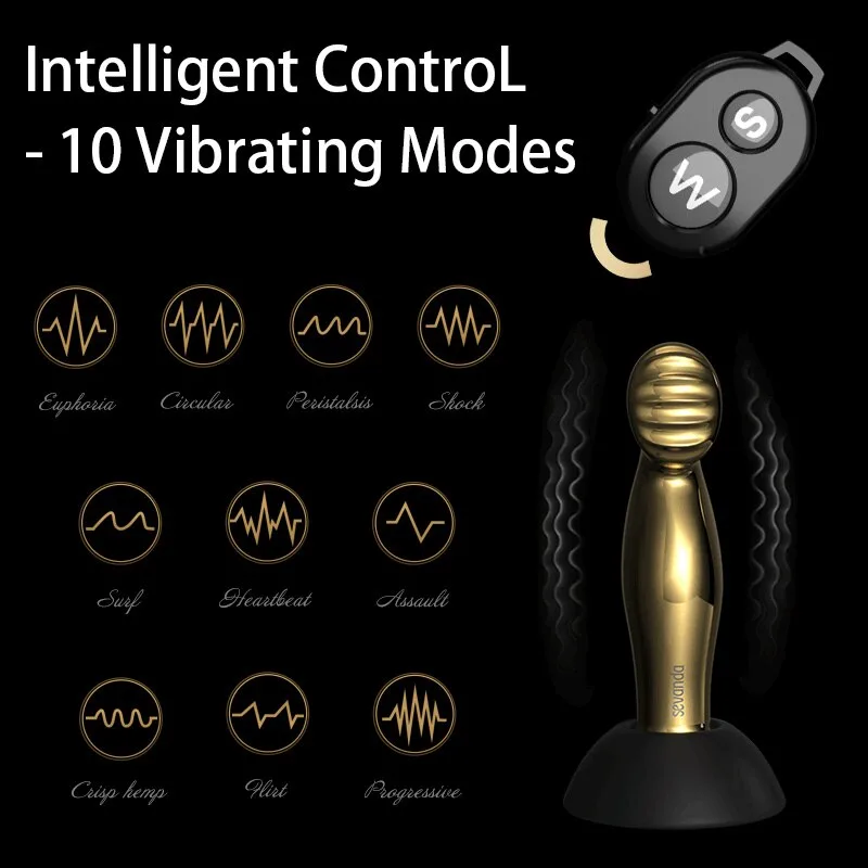Os 10 modos de vibração do plug anal dourado e o controle remoto