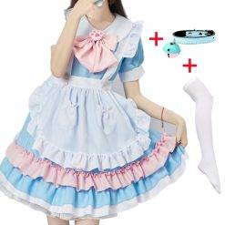 4 estilos anime maid lolita cosplay traje vestido rosa gato garra maid arco sino colarinho e meias brancas Vestuário