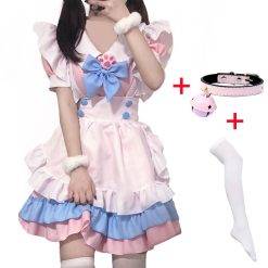4 estilos anime maid lolita cosplay traje vestido rosa gato garra maid arco sino colarinho e meias brancas Vestuário
