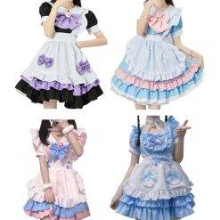 4 estilos anime maid lolita cosplay traje vestido rosa gato garra maid arco sino colarinho e meias brancas Vestuário