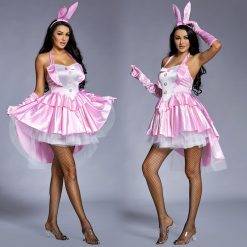 Umorden feminino 3 peça sexy bunny girl traje smoking caudas halloween club party vestido extravagante plus size rosa Vestuário