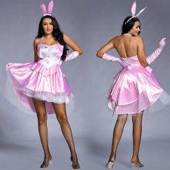 Umorden feminino 3 peça sexy bunny girl traje smoking caudas halloween club party vestido extravagante plus size rosa Vestuário