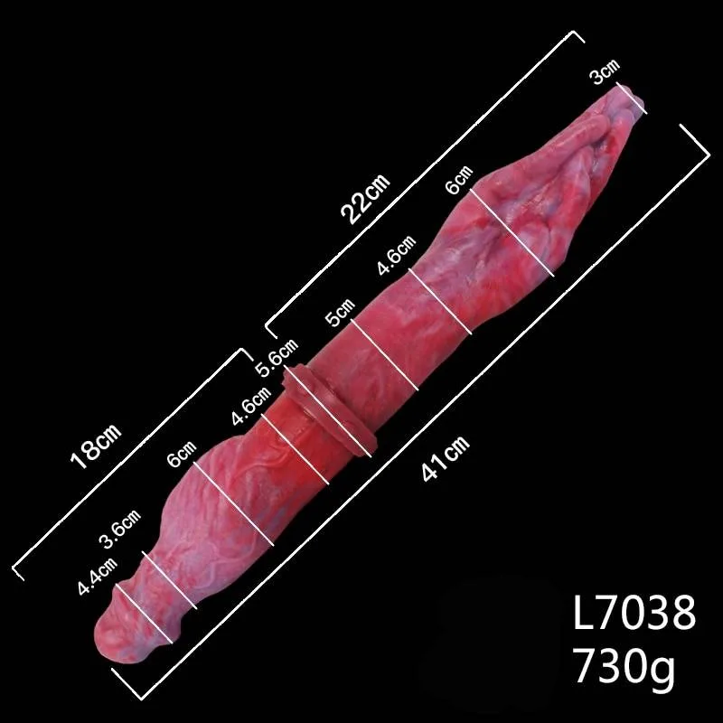 Medidas do dildo duplo modelo 7038 com nó de 6 cm: 41 cm e 730 g
