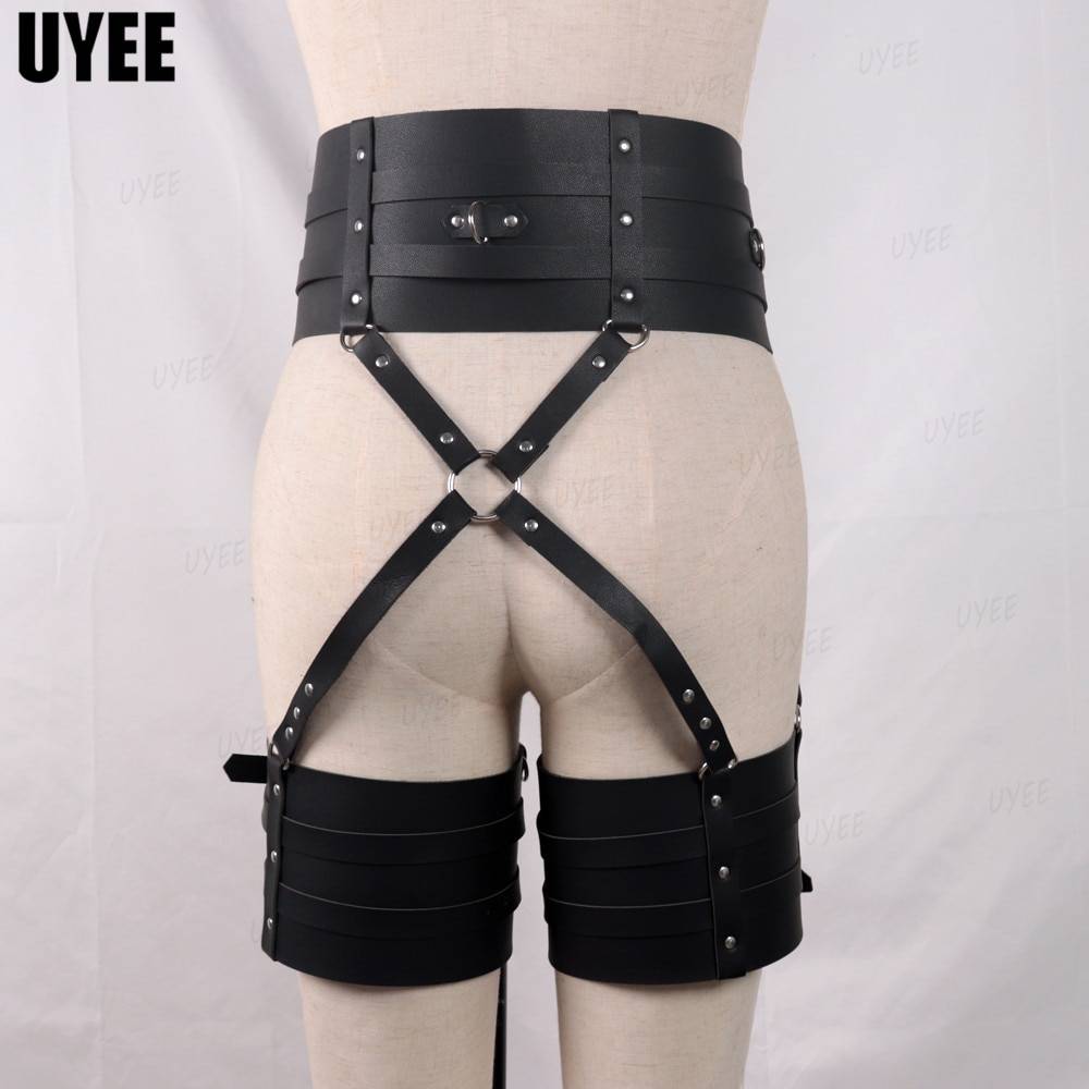 Uyee lingerie sexy para mulher couro do plutônio bdsm arnês thight garter cinto cinta corpo punk estilo gótico erótico gaiola de bondage suspender