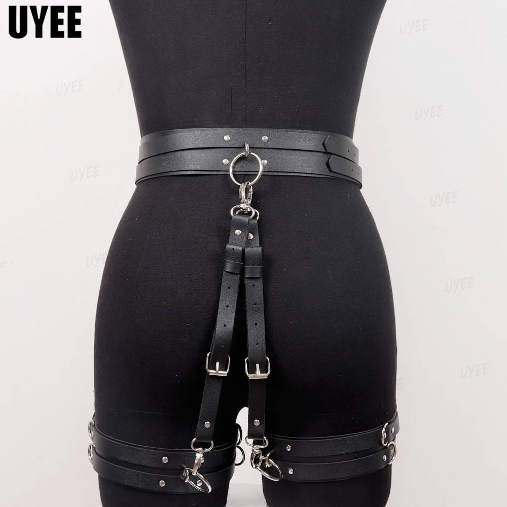 Uyee lingerie sexy para mulher couro do plutônio bdsm arnês thight garter cinto cinta corpo punk estilo gótico erótico gaiola de bondage suspender