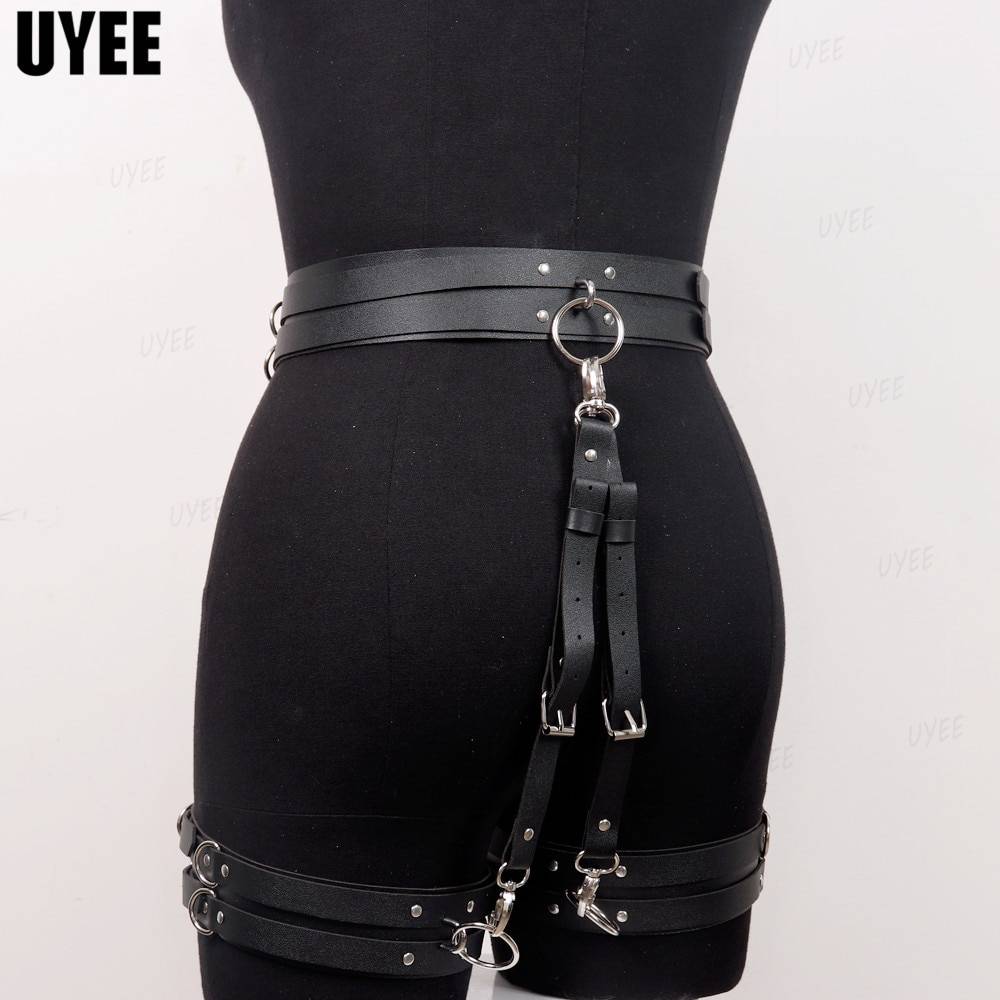 Uyee lingerie sexy para mulher couro do plutônio bdsm arnês thight garter cinto cinta corpo punk estilo gótico erótico gaiola de bondage suspender