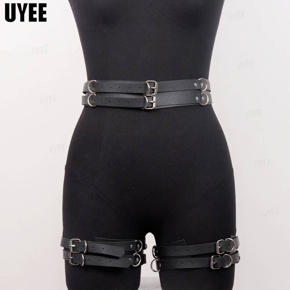 Uyee lingerie sexy para mulher couro do plutônio bdsm arnês thight garter cinto cinta corpo punk estilo gótico erótico gaiola de bondage suspender