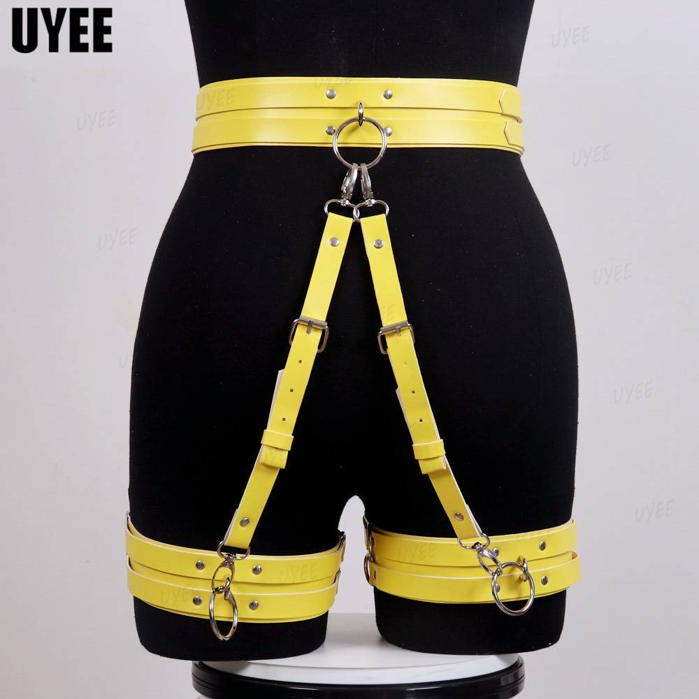 Uyee lingerie sexy para mulher couro do plutônio bdsm arnês thight garter cinto cinta corpo punk estilo gótico erótico gaiola de bondage suspender
